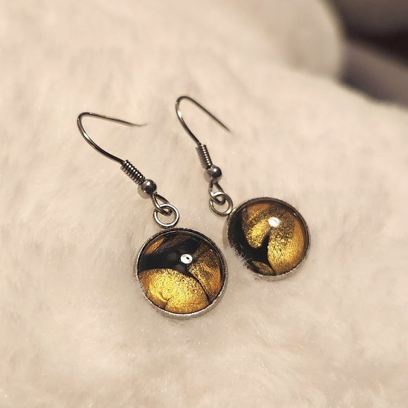 NEW Handmade Gold and Black Acrylic Swirl Drop Earrings - Picture 2 of 3